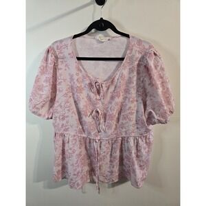 Belle Pogue Women's Short Puff Sleeve Pink Floral Blouse Tie Waist 2X
